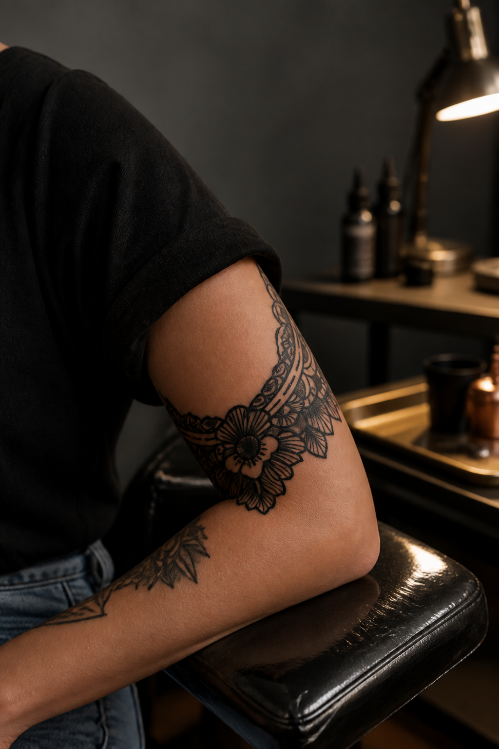 elbow tattoos for women: mandala elbow tattoo in an original editorial composition