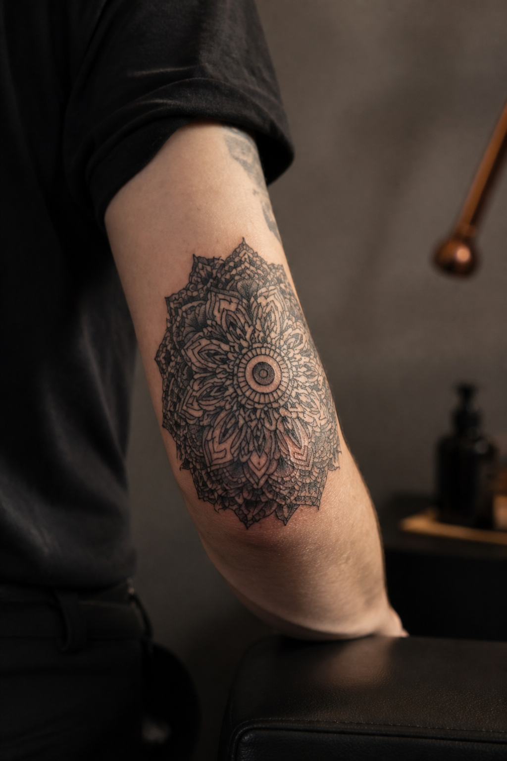 elbow tattoos for women: floral elbow tattoo in an original editorial composition