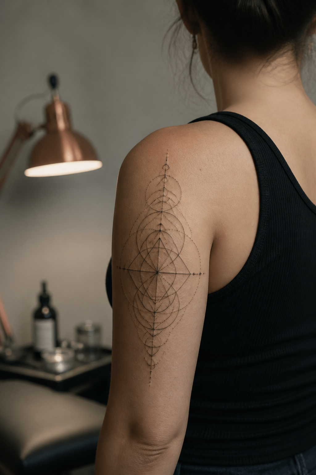 elbow tattoos for women: geometric pattern in an original editorial composition