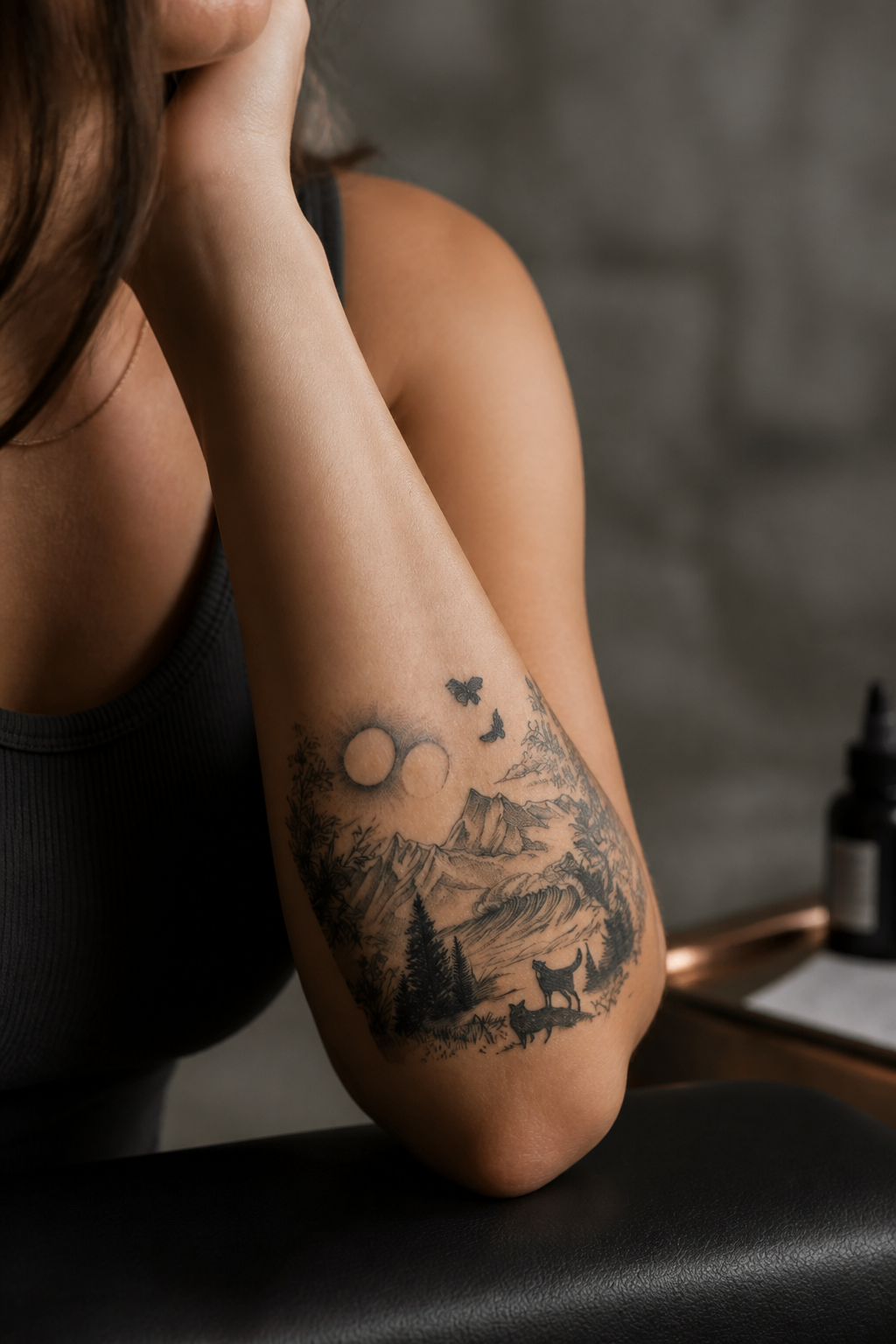 elbow tattoos for women: celestial elbow tattoo in an original editorial composition
