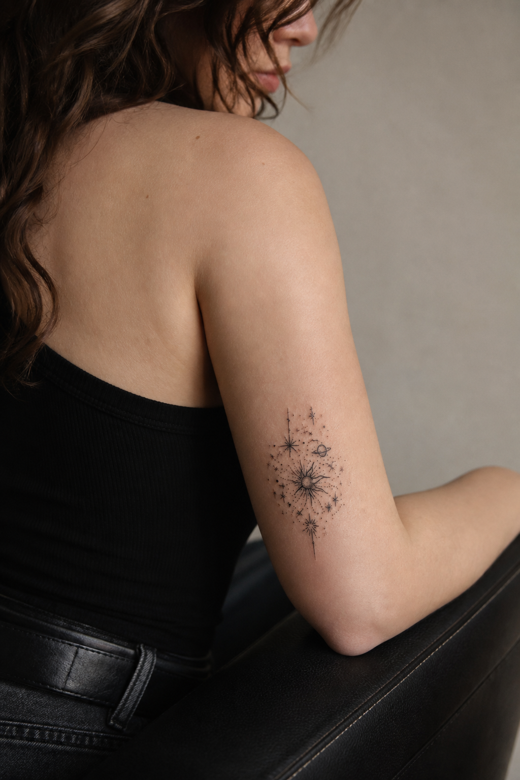 elbow tattoos for women: minimalist symbol in an original editorial composition