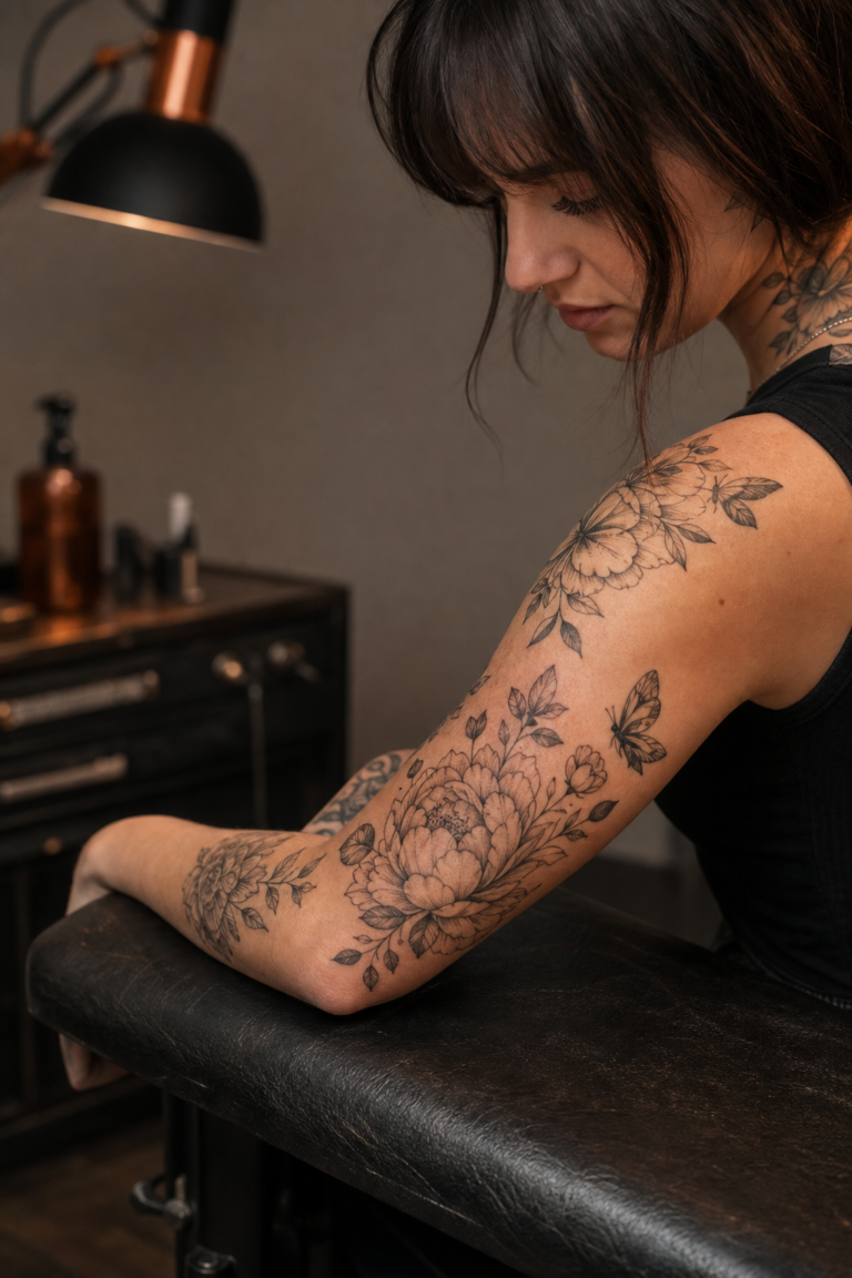 elbow tattoos for women in an original editorial composition