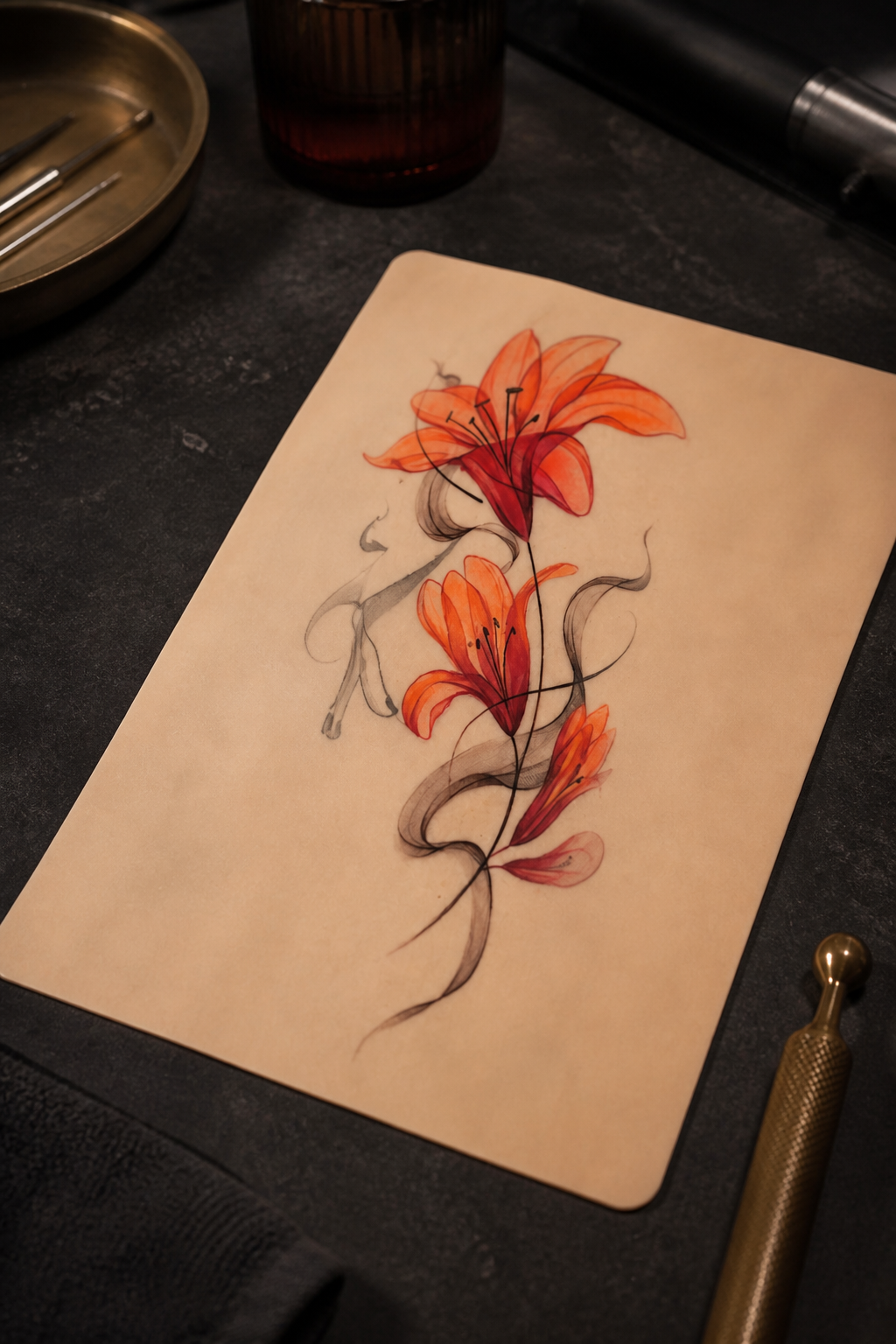 gloriosa lily tattoo ideas: flowing sleeve lily in an original editorial composition