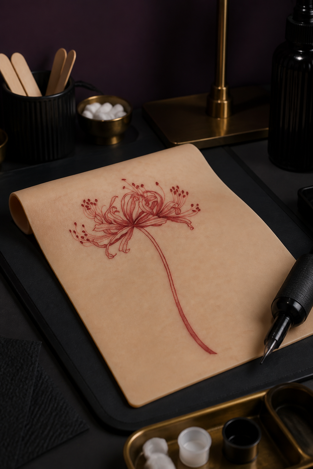 gloriosa lily tattoo ideas: fine-line red lily in an original editorial composition