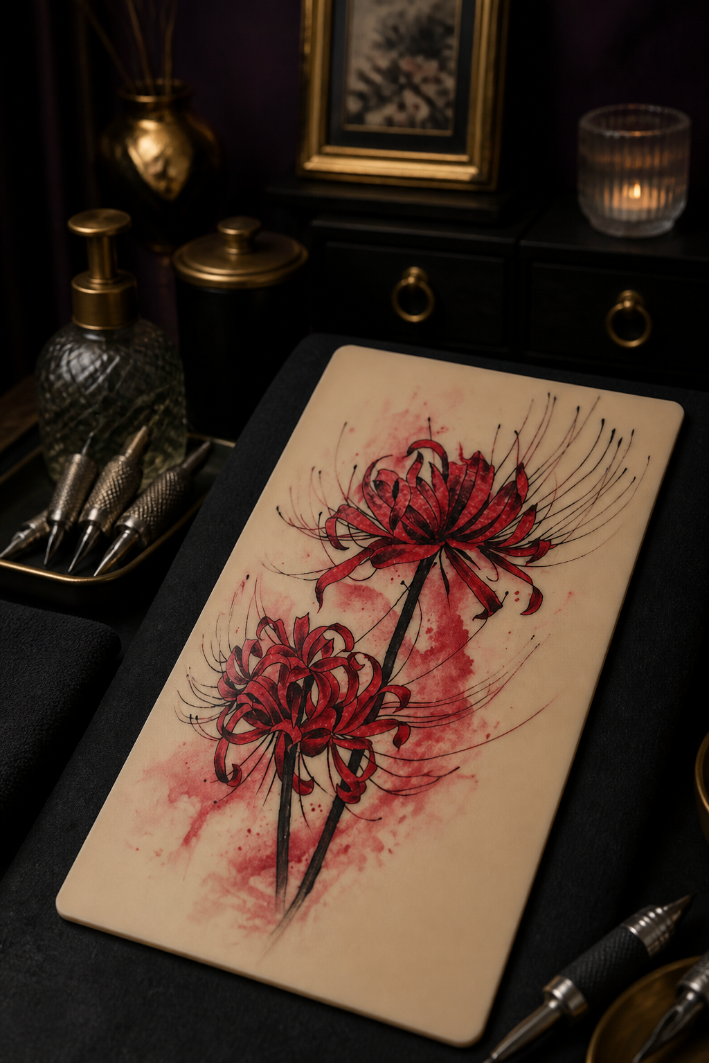 gloriosa lily tattoo ideas: anime-inspired floral design in an original editorial composition