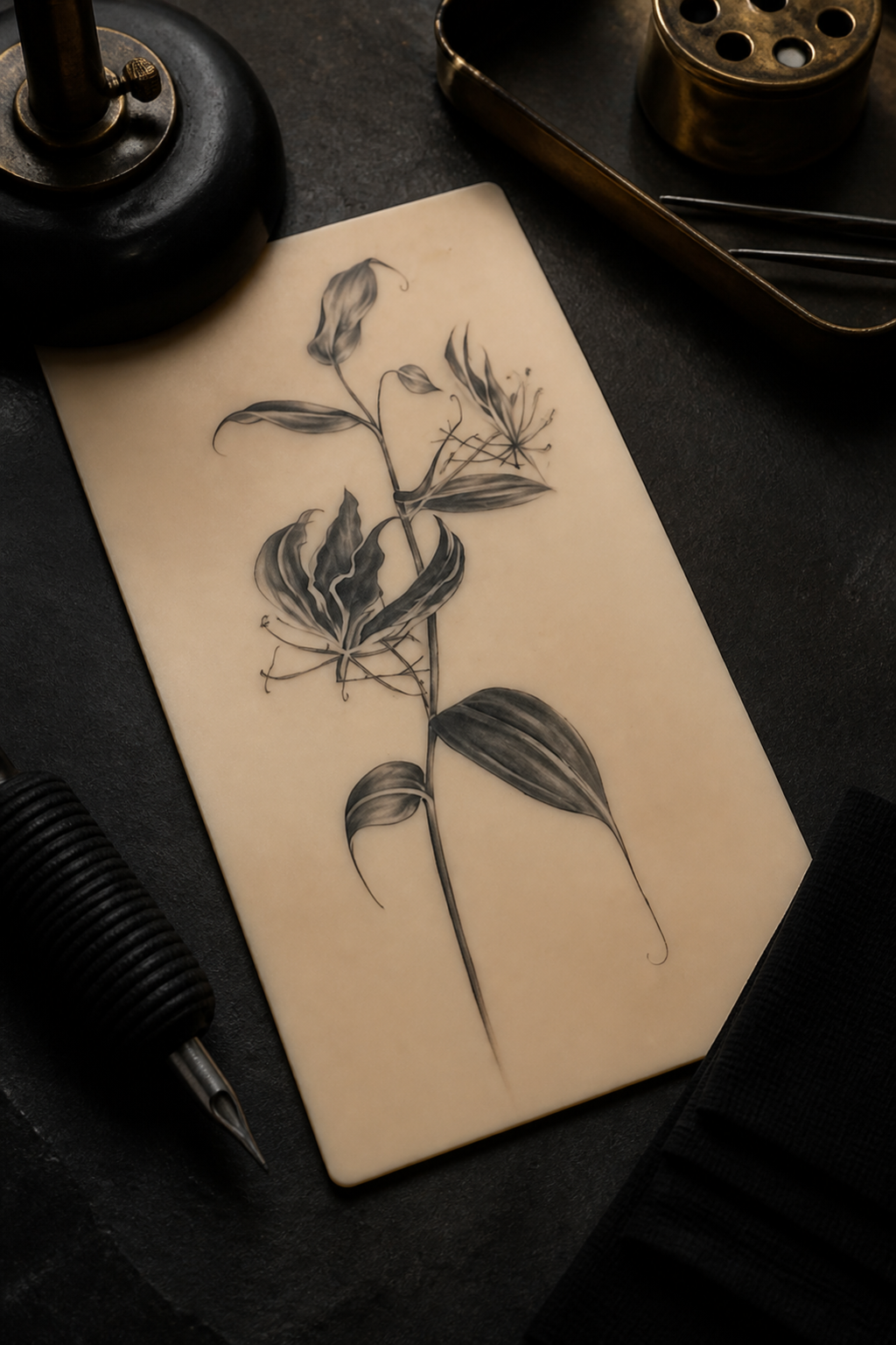 gloriosa lily tattoo ideas: black-and-gray botanical in an original editorial composition