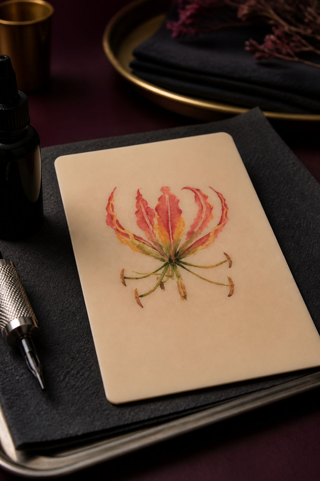 gloriosa lily tattoo ideas: symbolic fire lily in an original editorial composition