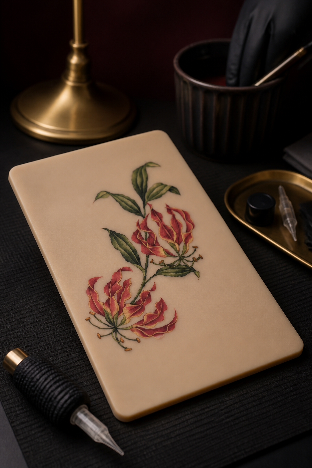 gloriosa lily tattoo ideas: side-body floral composition in an original editorial composition