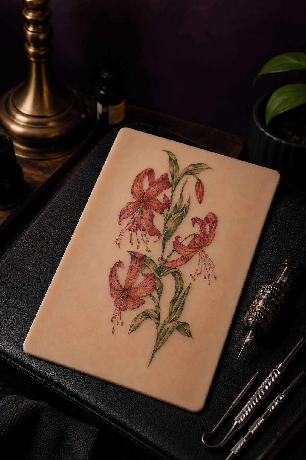 gloriosa lily tattoo ideas: dainty fire lily sleeve in an original editorial composition