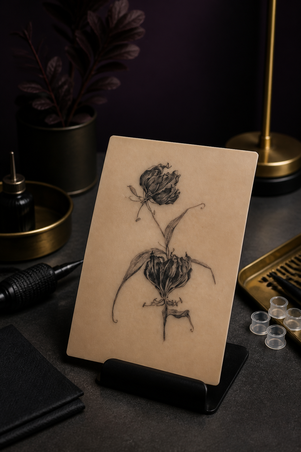 gloriosa lily tattoo ideas: black-and-gray back piece in an original editorial composition