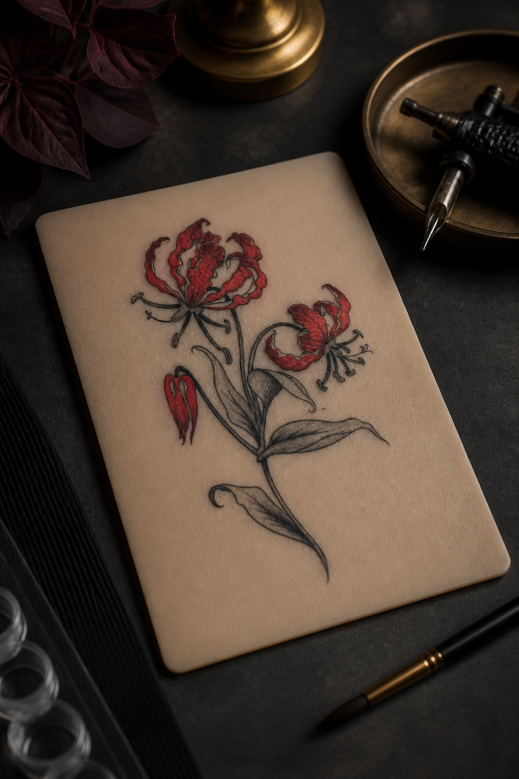 gloriosa lily tattoo ideas: upper-arm lily in an original editorial composition