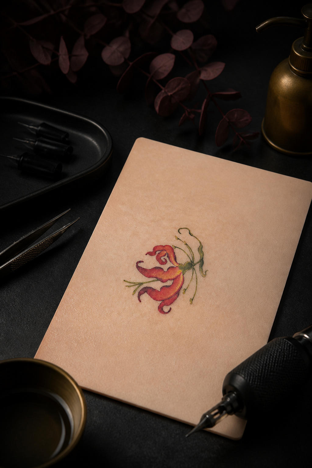 gloriosa lily tattoo ideas: small minimal lily in an original editorial composition