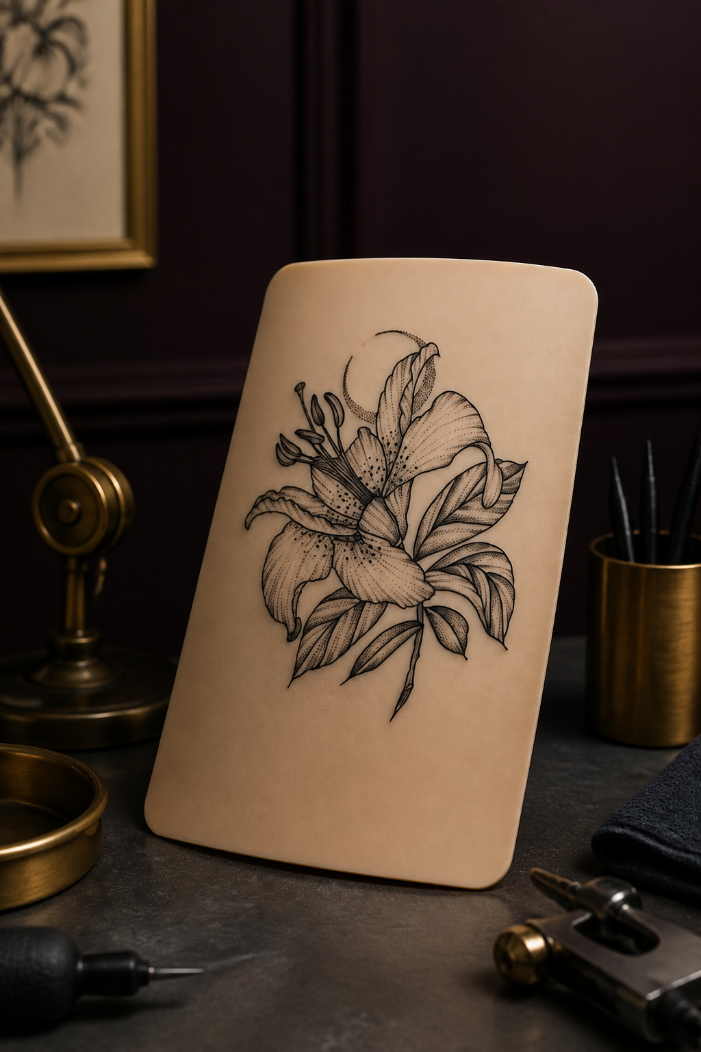 gloriosa lily tattoo ideas: bold botanical outline in an original editorial composition