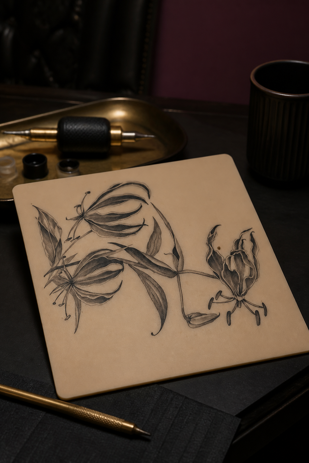gloriosa lily tattoo ideas: shoulder lily arrangement in an original editorial composition