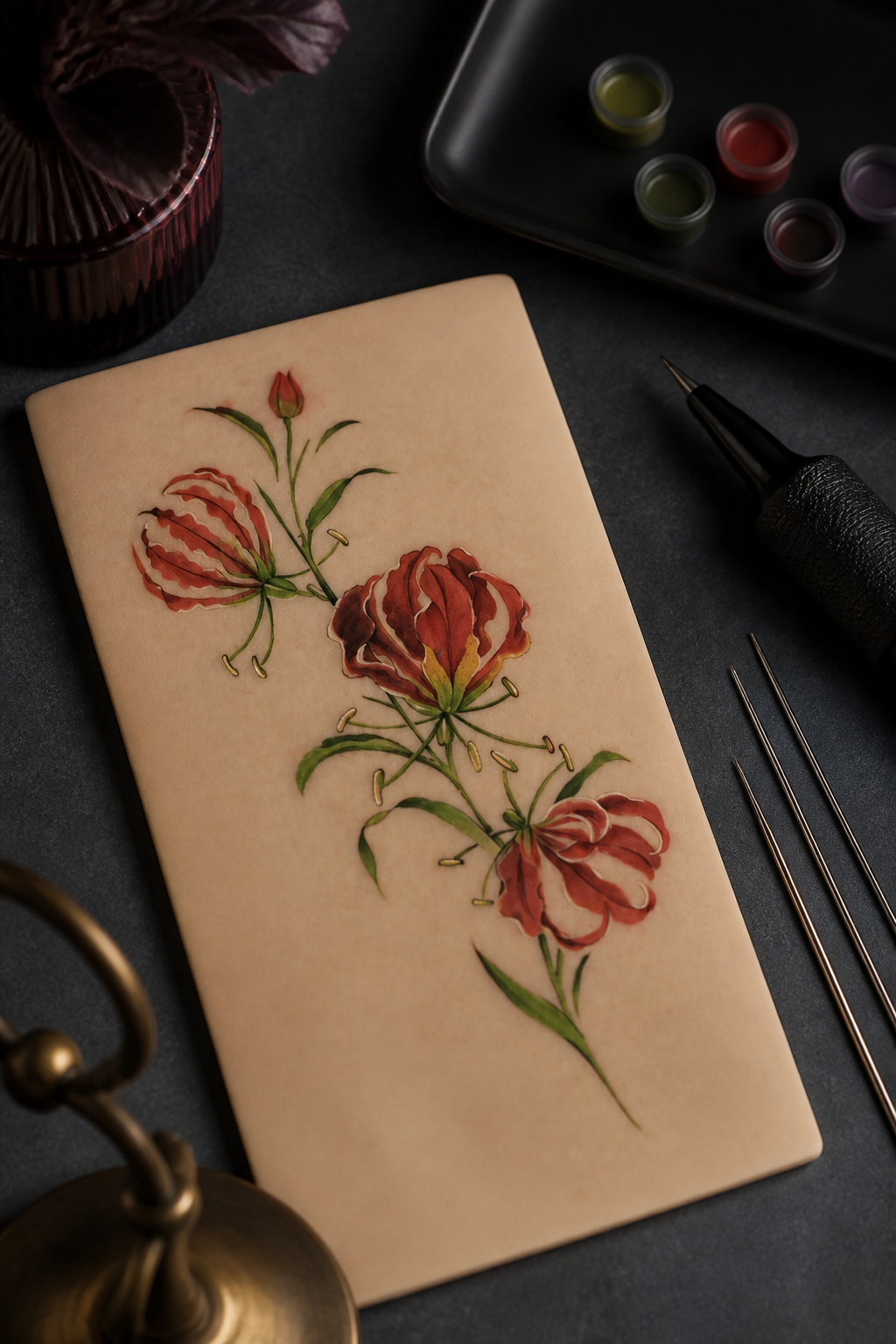 gloriosa lily tattoo ideas: colorful floral sleeve in an original editorial composition