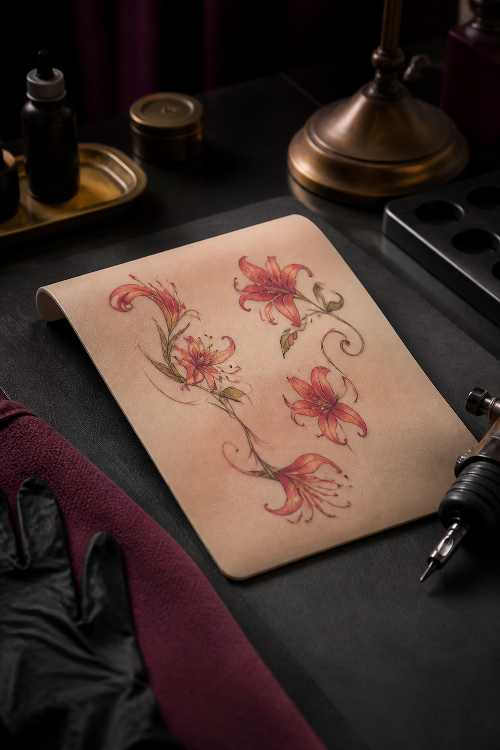 gloriosa lily tattoo ideas in an original editorial composition