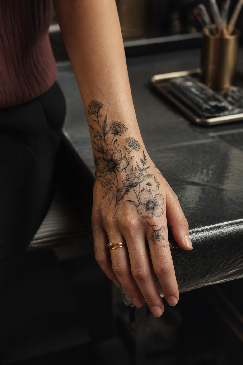 hand tattoos for women: delicate floral design in an original editorial composition