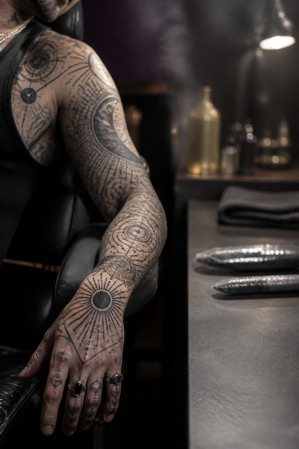 hand tattoos for women: celestial elements in an original editorial composition