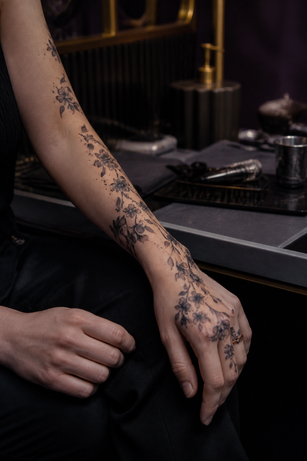 hand tattoos for women: abstract watercolor in an original editorial composition