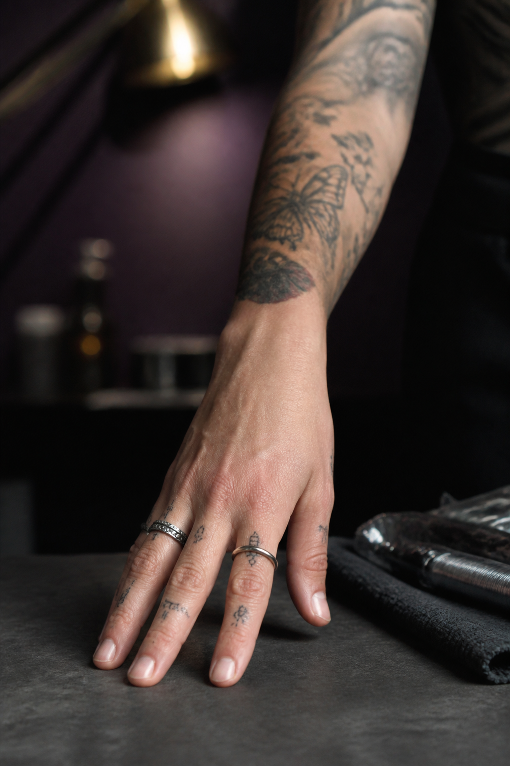 hand tattoos for women: wrist-to-finger connection in an original editorial composition