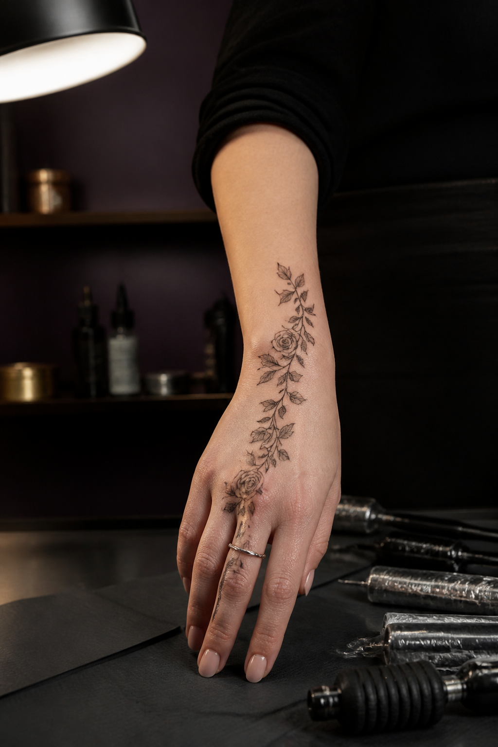 hand tattoos for women: finger-side placement in an original editorial composition