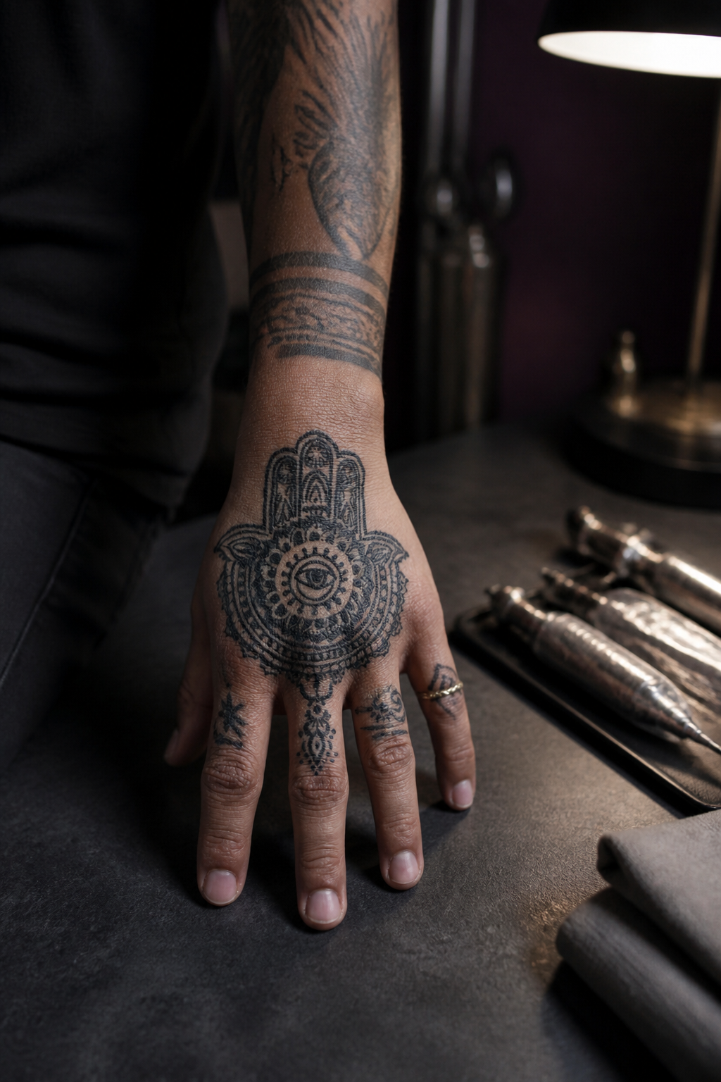 hand tattoos for women: full-hand mandala in an original editorial composition