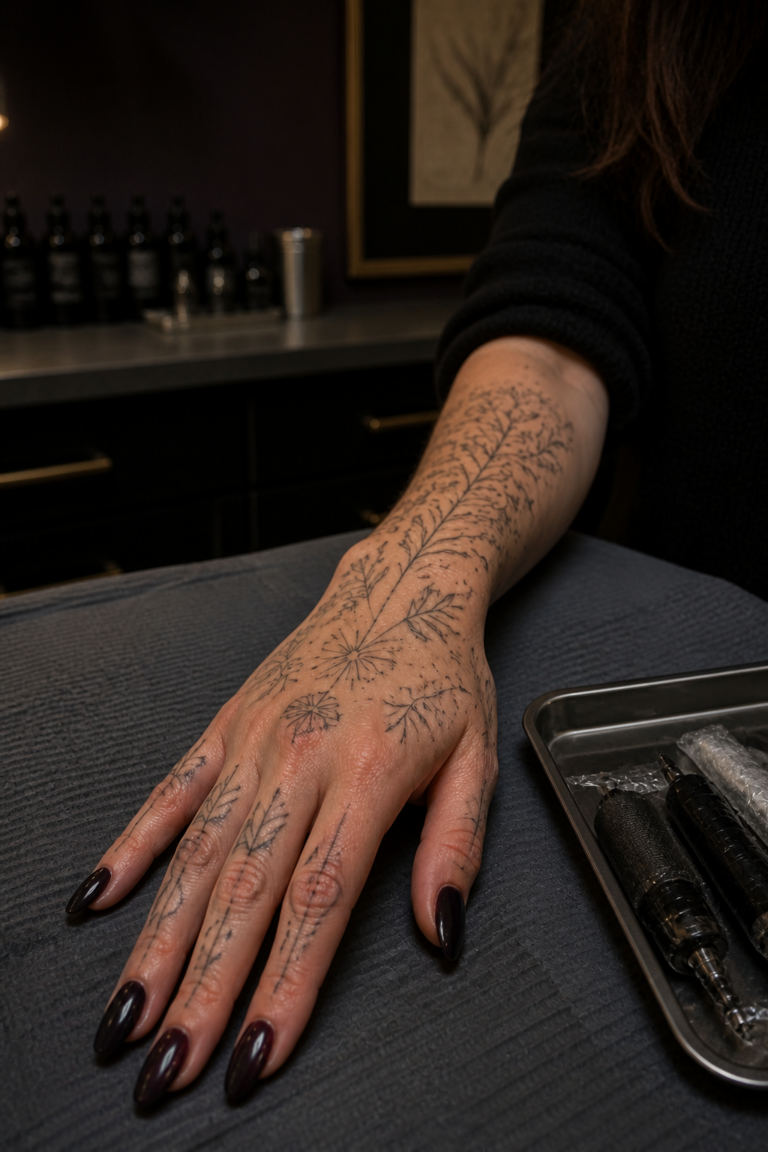 hand tattoos for women in an original editorial composition