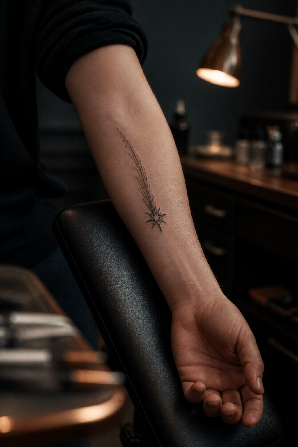 star tattoo ideas: shooting star trail in an original editorial composition