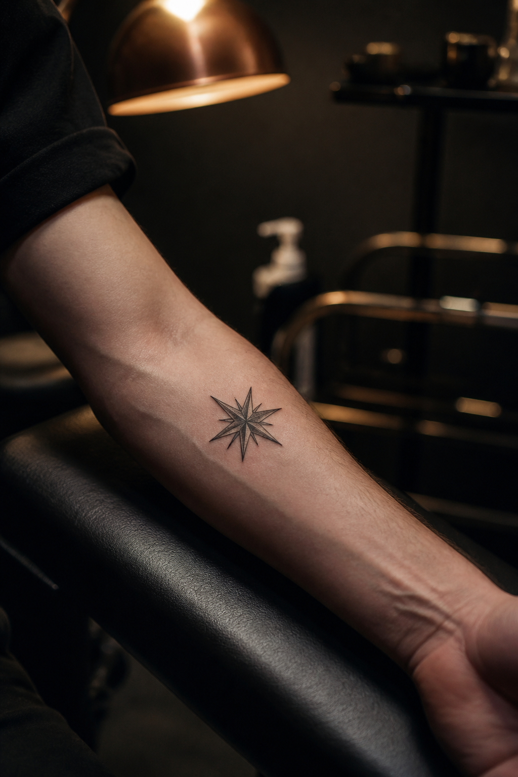 star tattoo ideas: minimal fine-line star in an original editorial composition