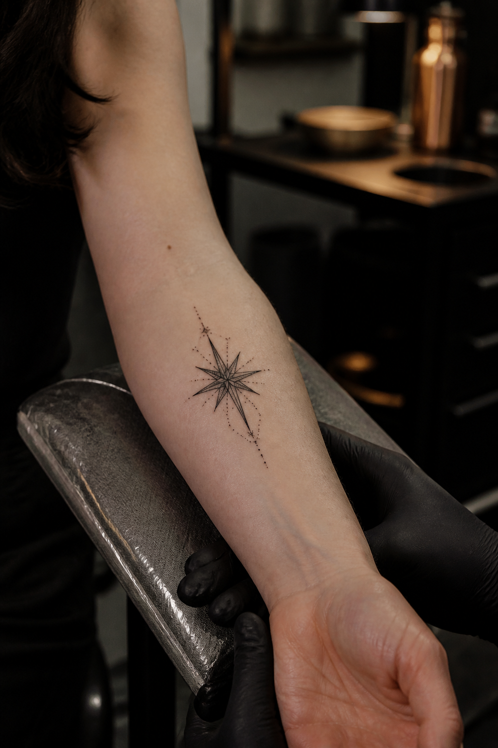star tattoo ideas: geometric star pattern in an original editorial composition