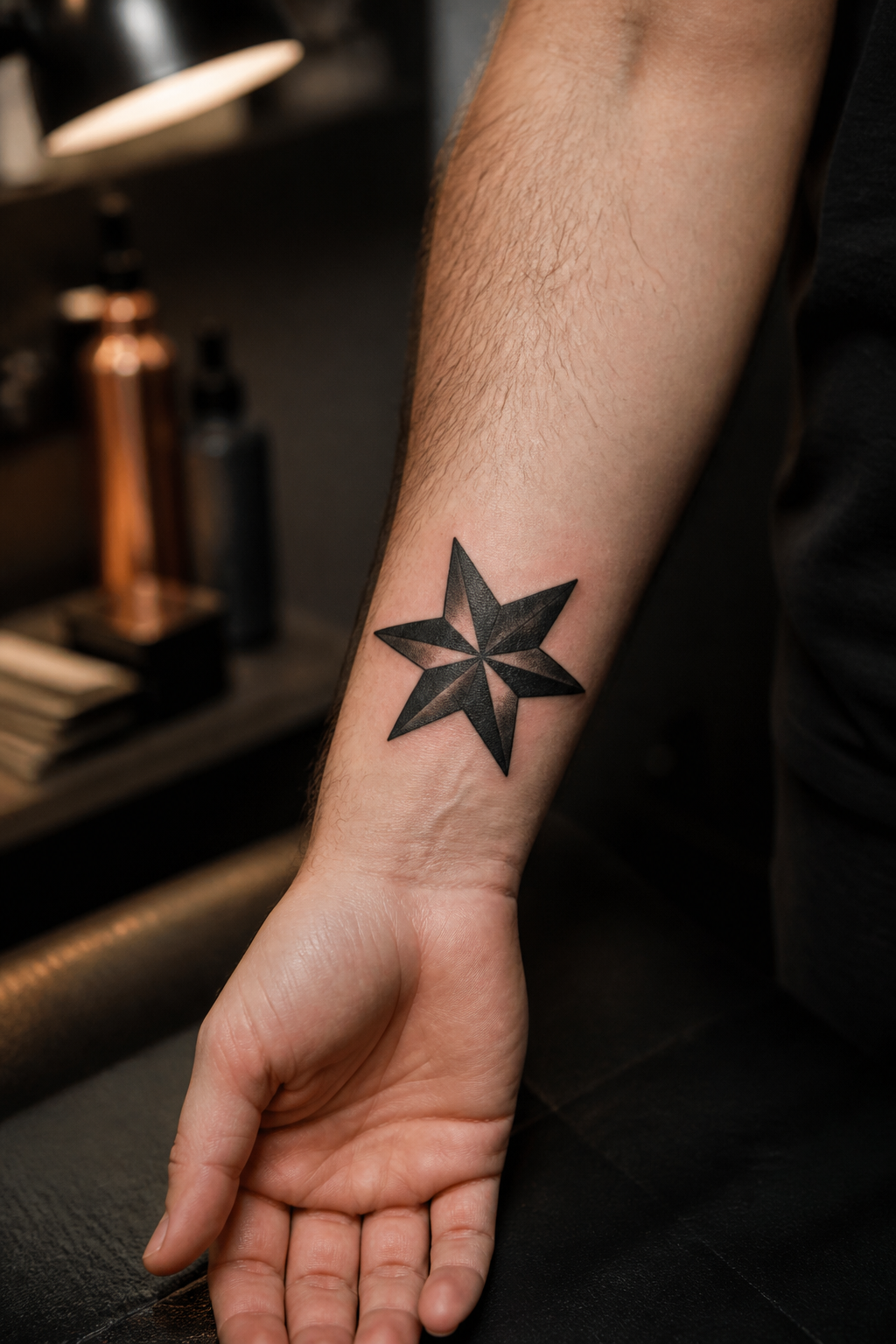 star tattoo ideas: tribal-inspired star in an original editorial composition