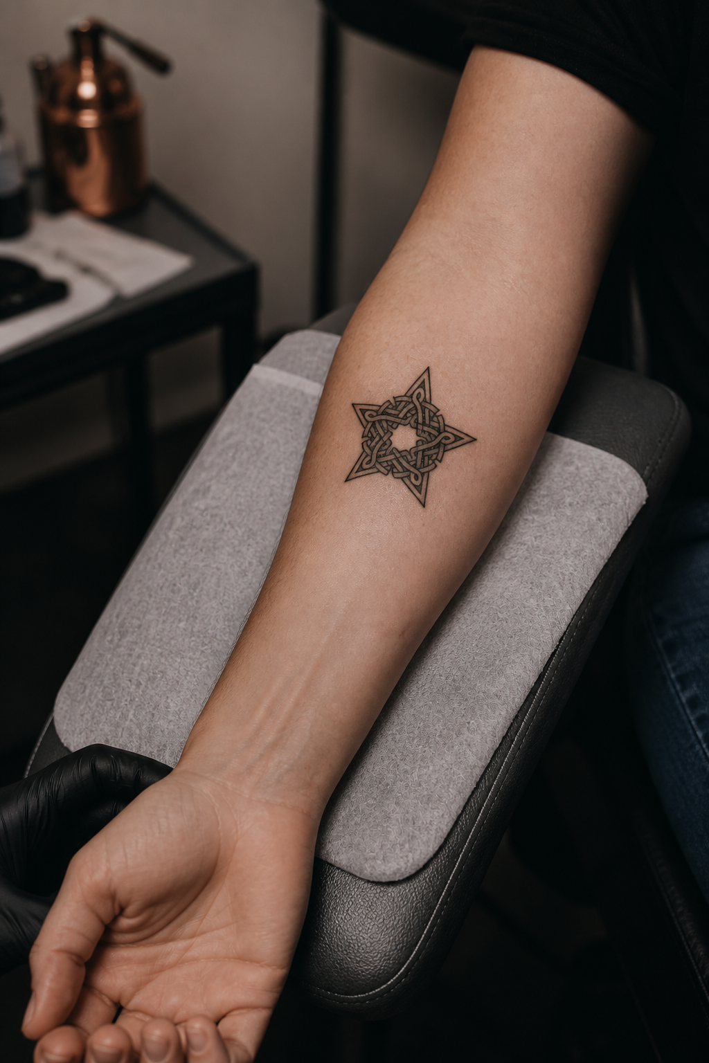 star tattoo ideas: black-and-gray celestial star in an original editorial composition