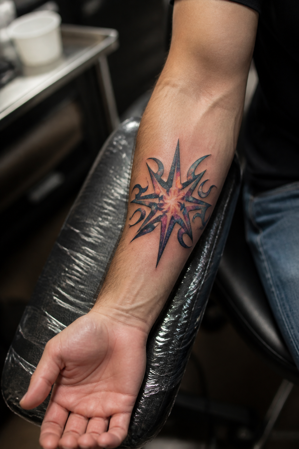 star tattoo ideas: colorful cosmic star in an original editorial composition
