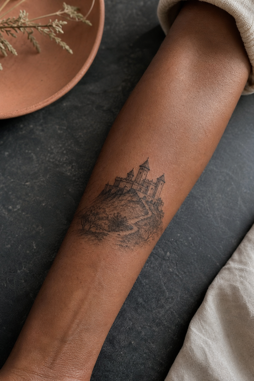 Fine-line hilltop castle tattoo on an inner forearm