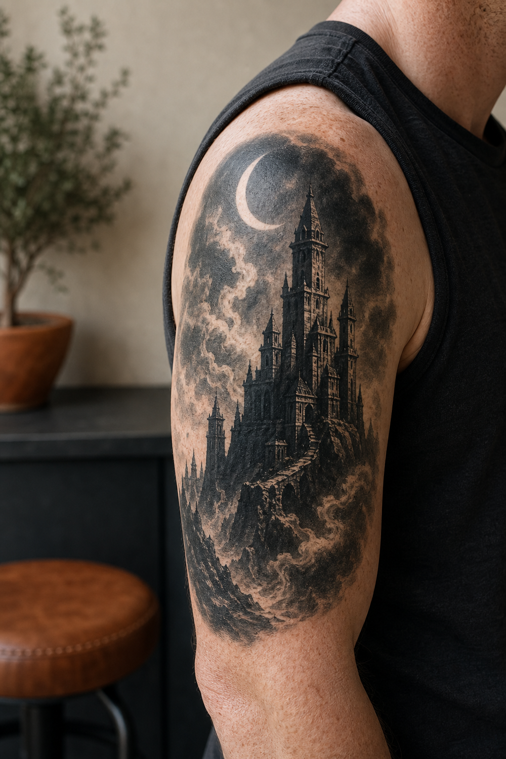 Moonlit gothic castle tattoo on an outer upper arm