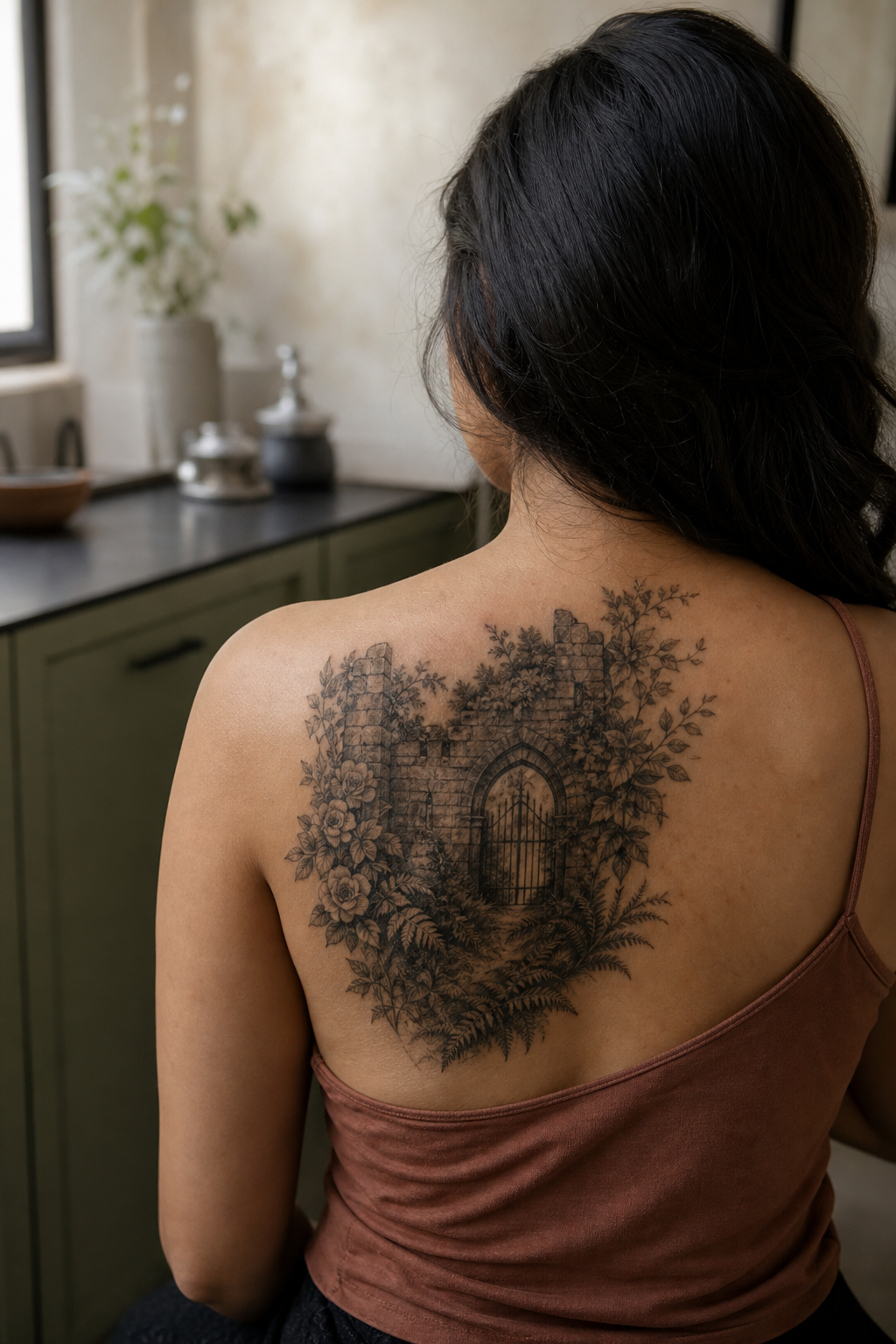 Botanical ruined castle gate tattoo across a shoulder blade