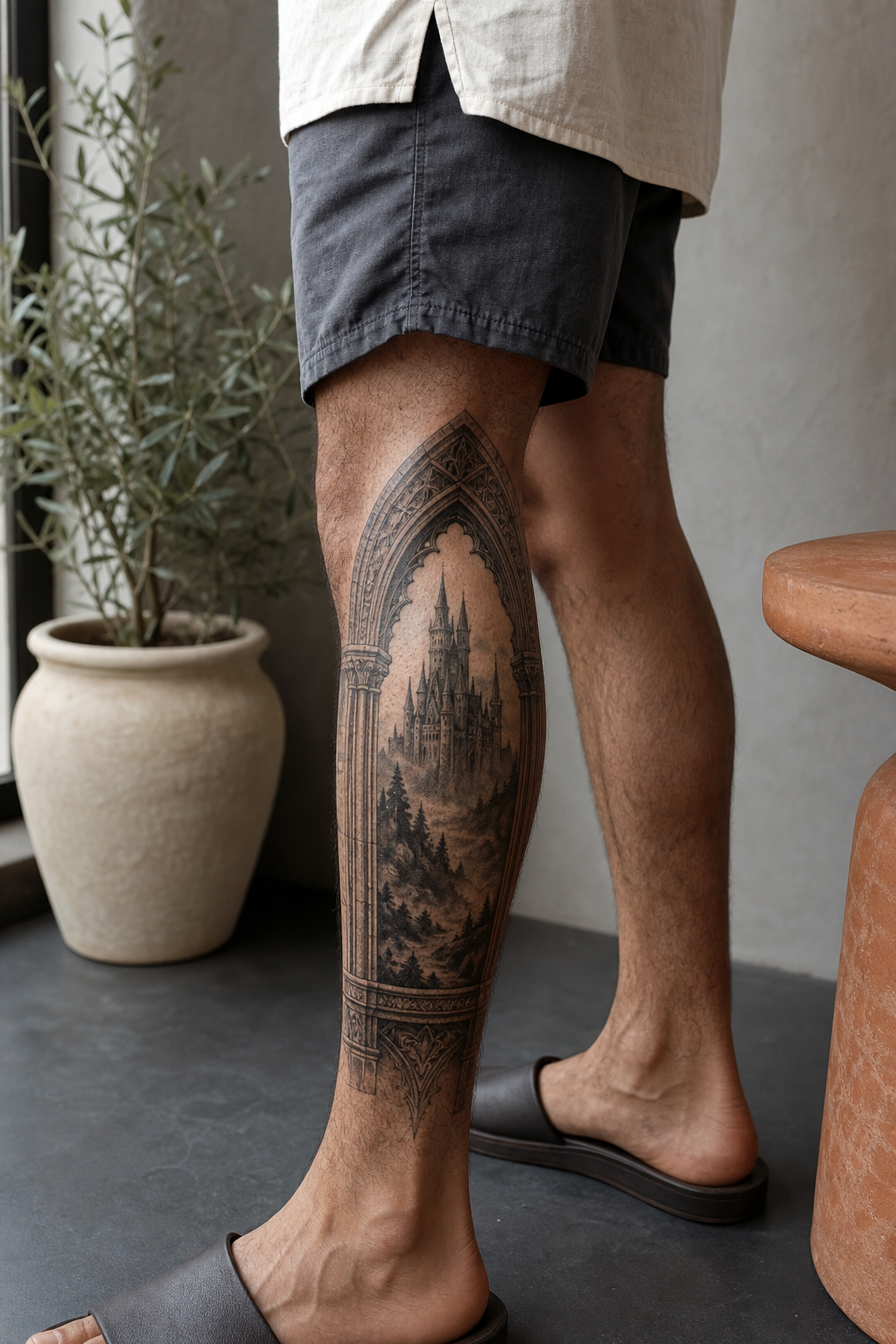 Gothic window and distant castle tattoo on a calf