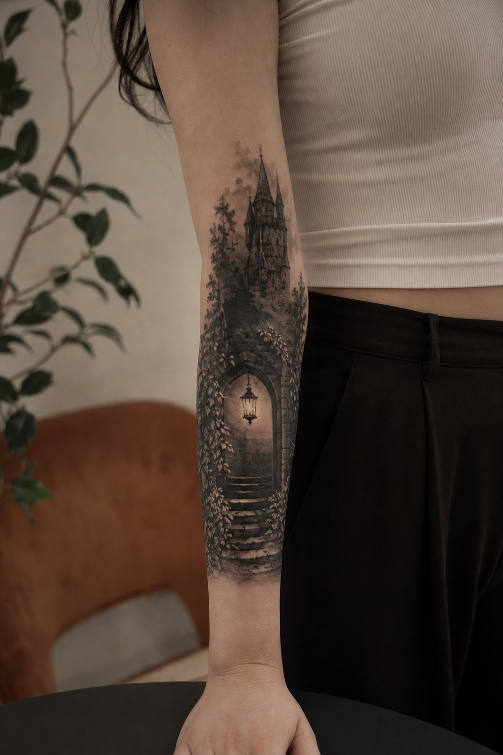 Lantern-lit castle entrance tattoo on an outer forearm