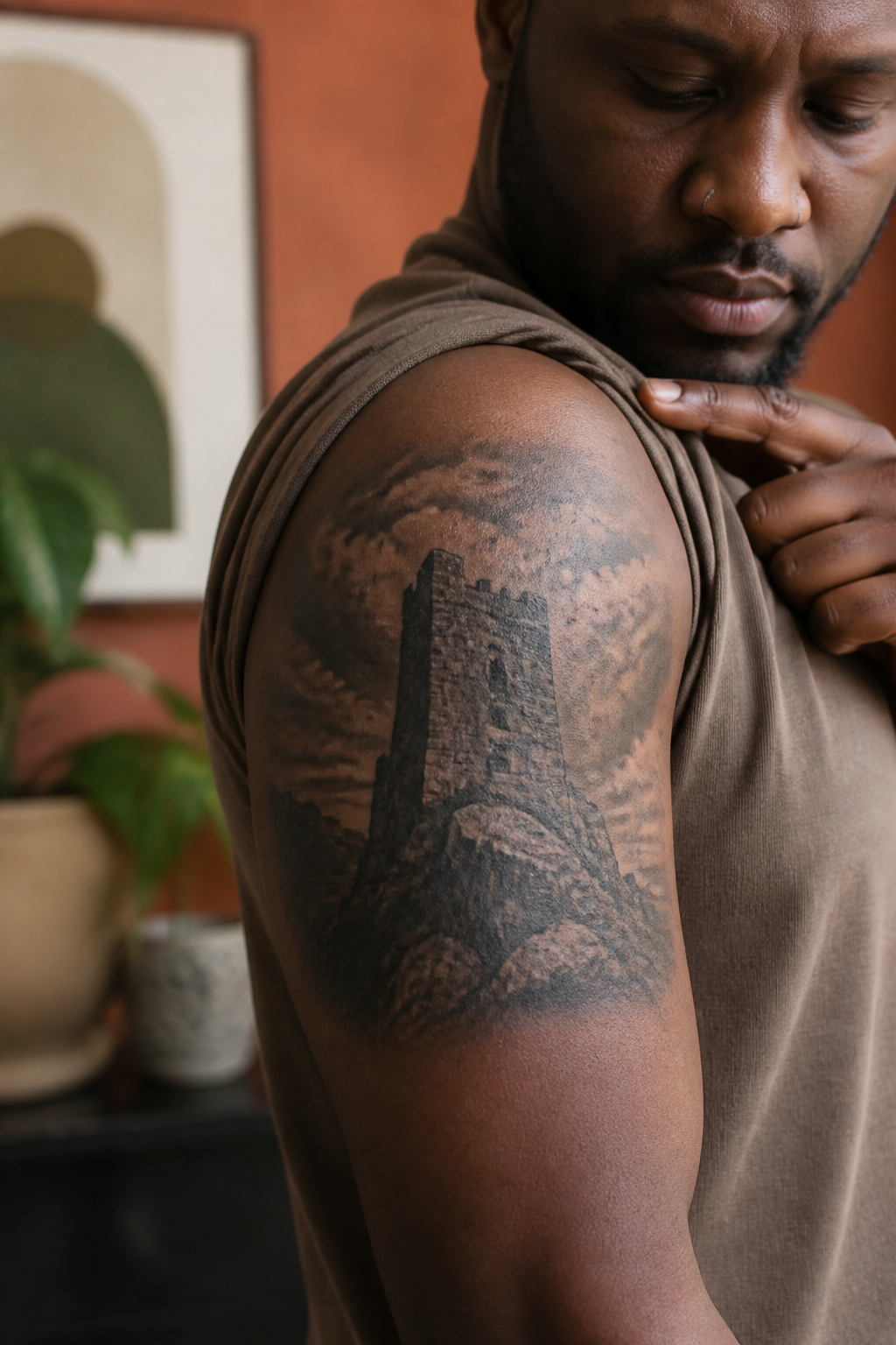 Stormwatch Ruins tattoo shown from a distinct editorial angle