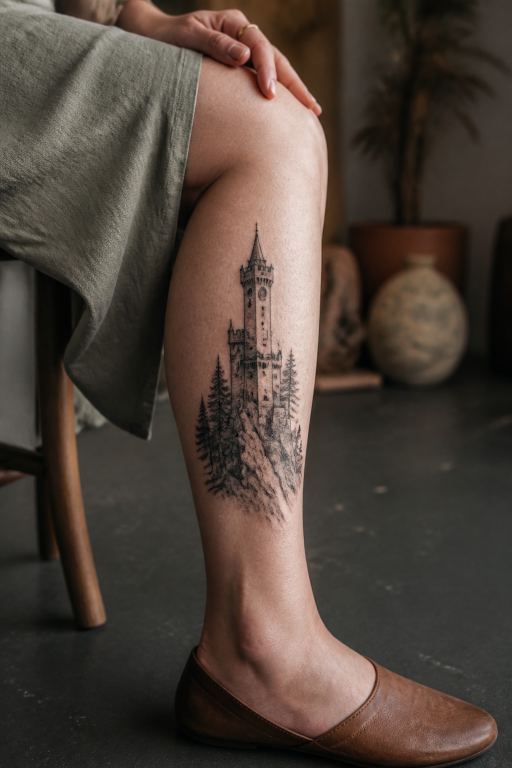 Clocktower Keep tattoo shown from a distinct editorial angle