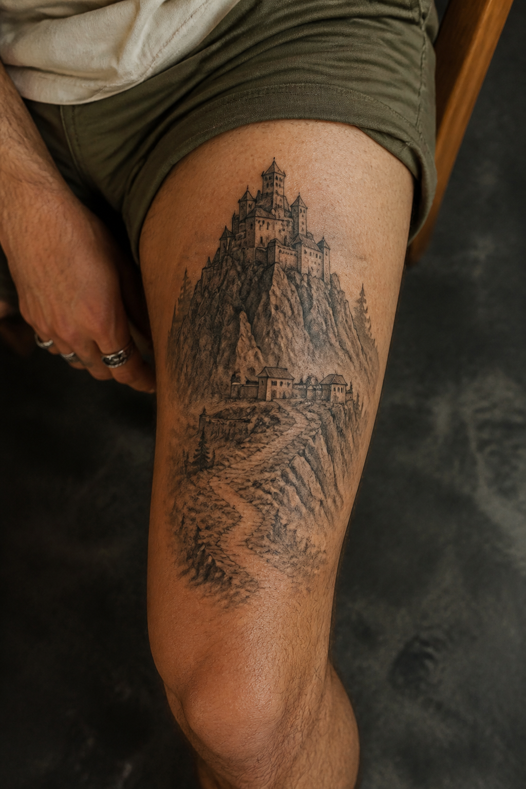 Mountain Citadel tattoo shown from a distinct editorial angle