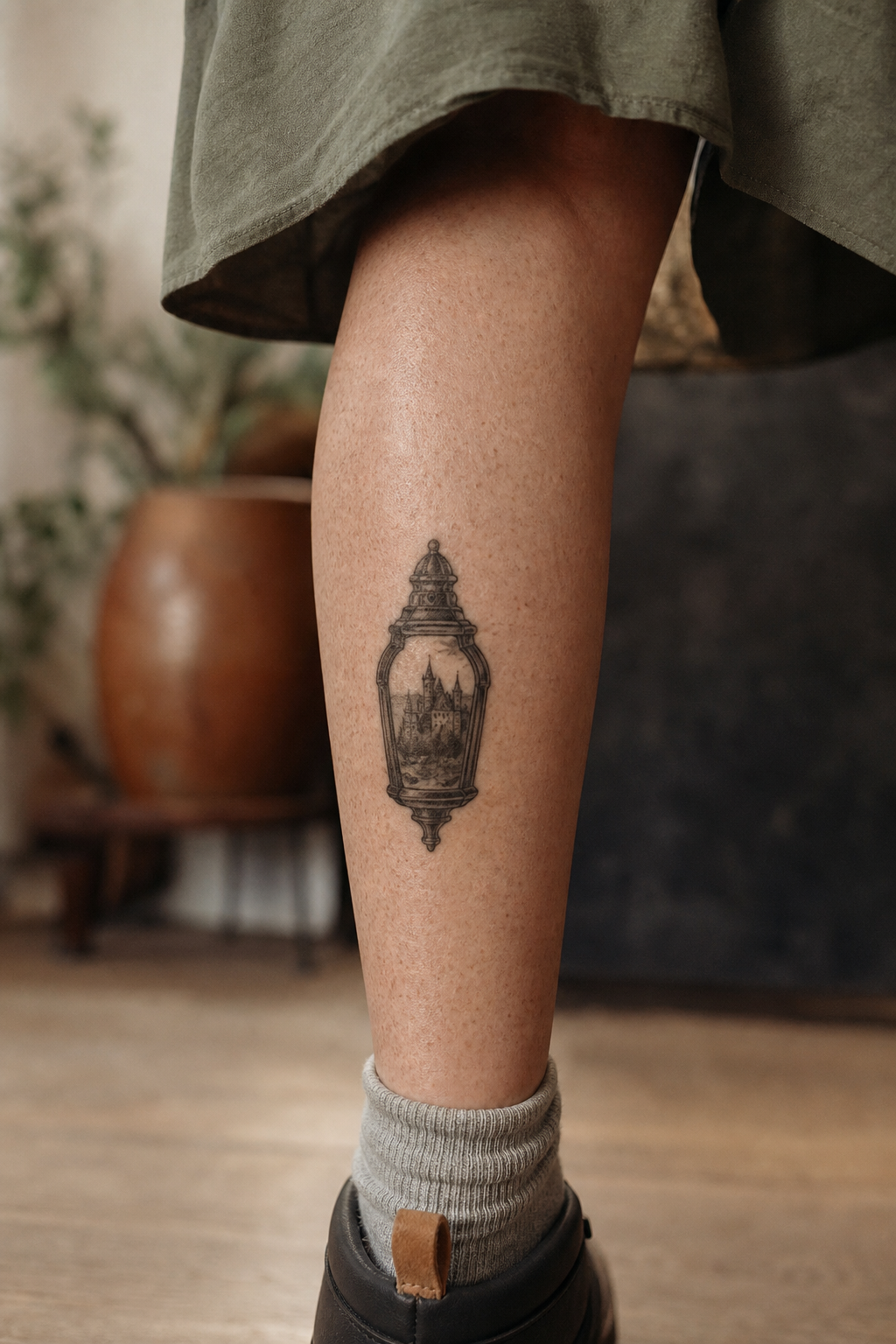 Lantern Castle tattoo shown from a distinct editorial angle