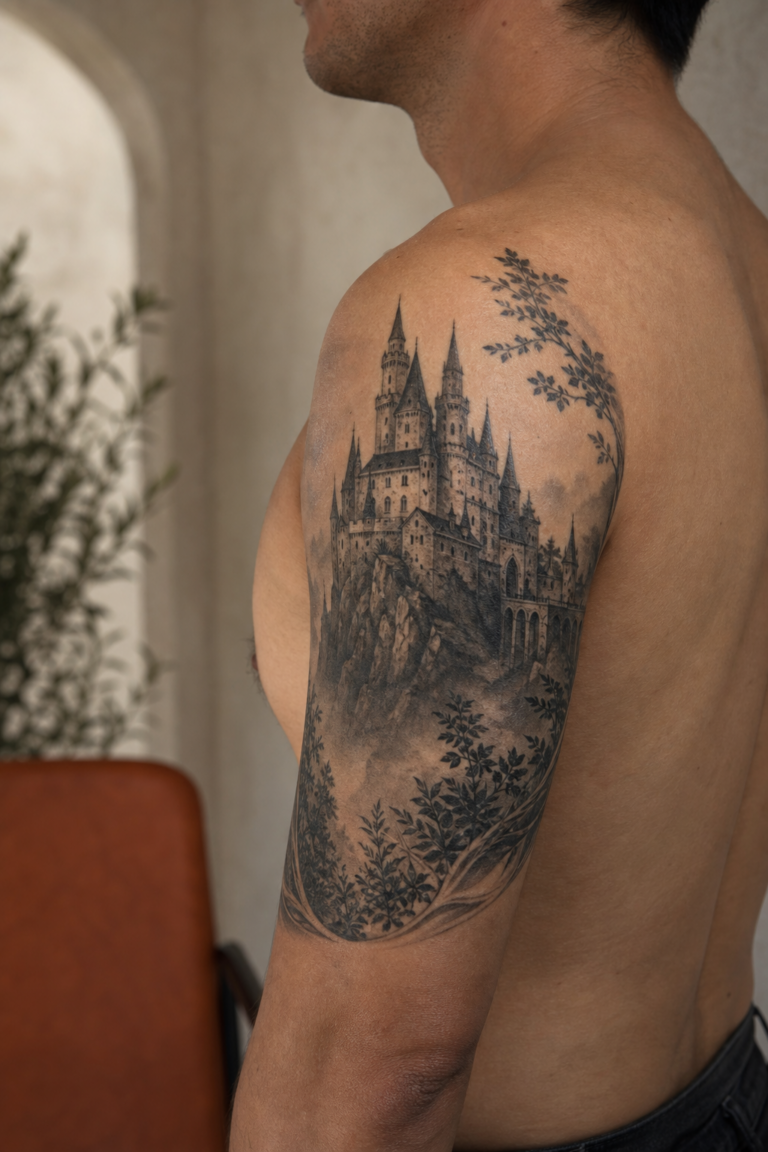 Black and gray castle tattoo on an upper arm in a warm editorial studio