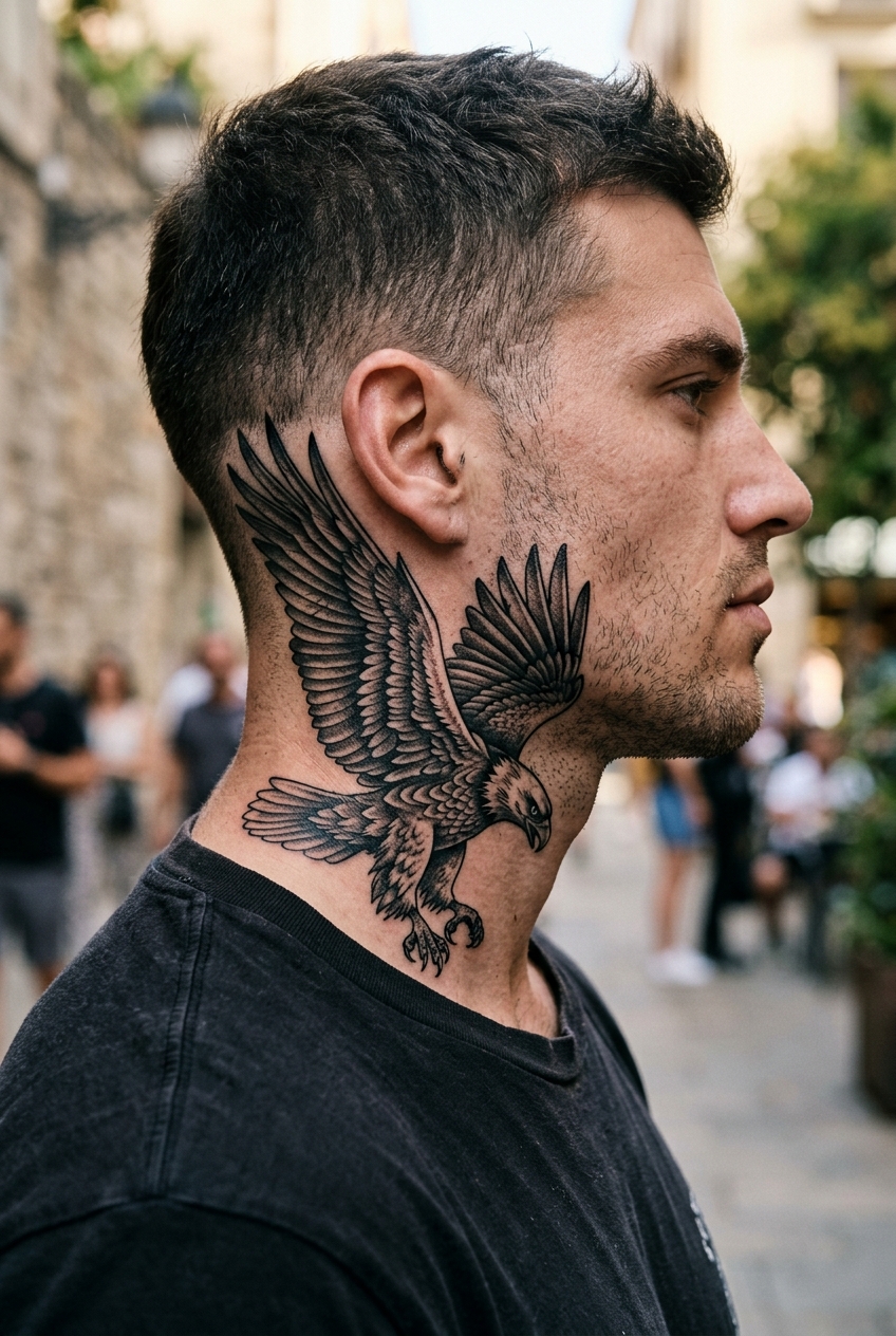 1. Soaring Side-Neck Eagle Blackwork - neck tattoos for men