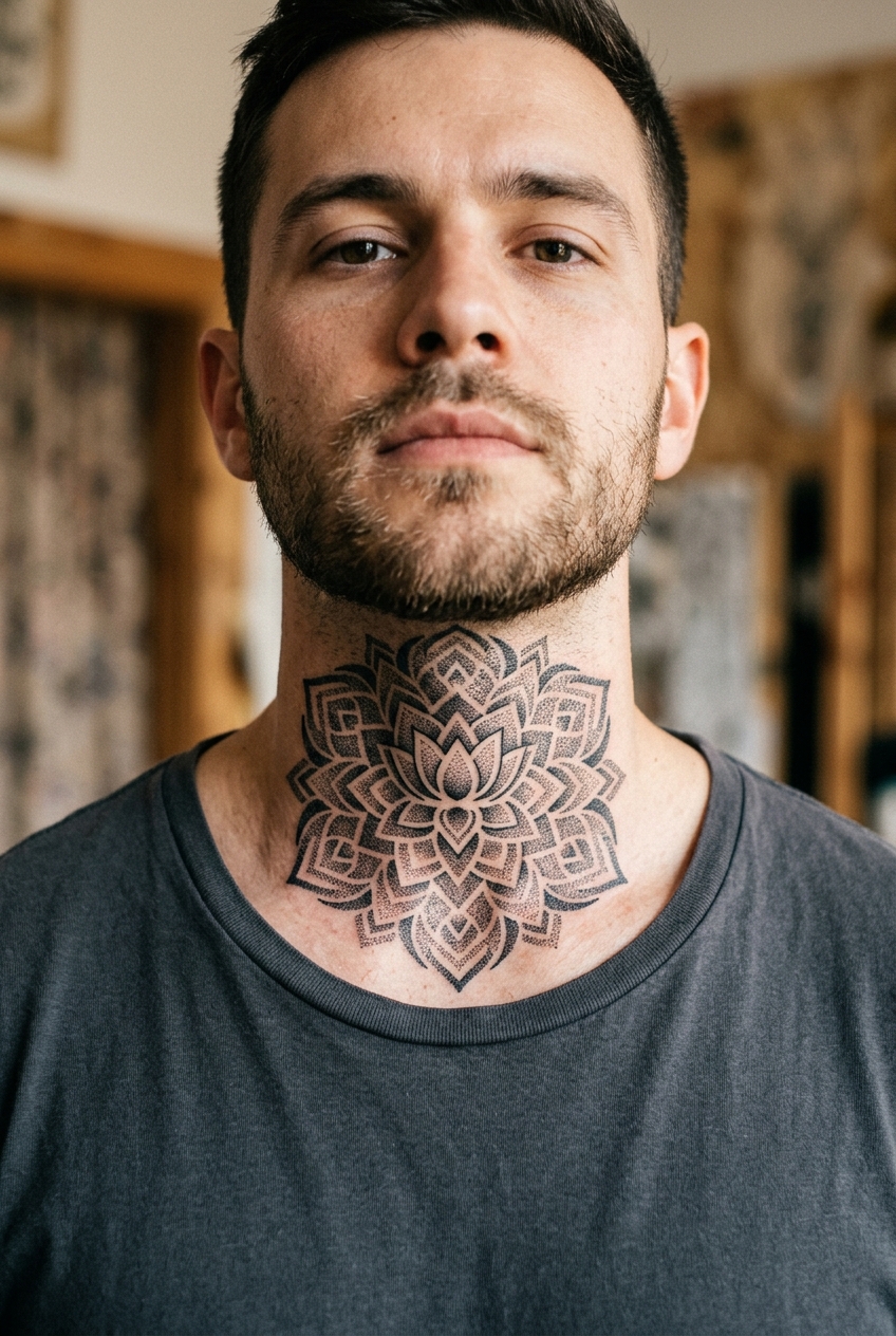 2. Symmetrical Sacred Throat Mandala - neck tattoos for men