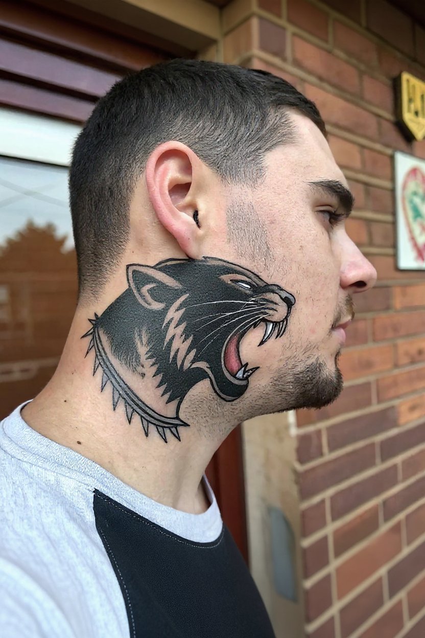 3. Traditional Roaring Panther Head - neck tattoos for men