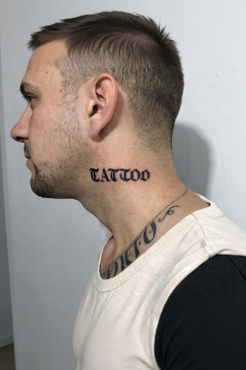 4. Gothic Calligraphy Script Along the Neck - neck tattoos for men