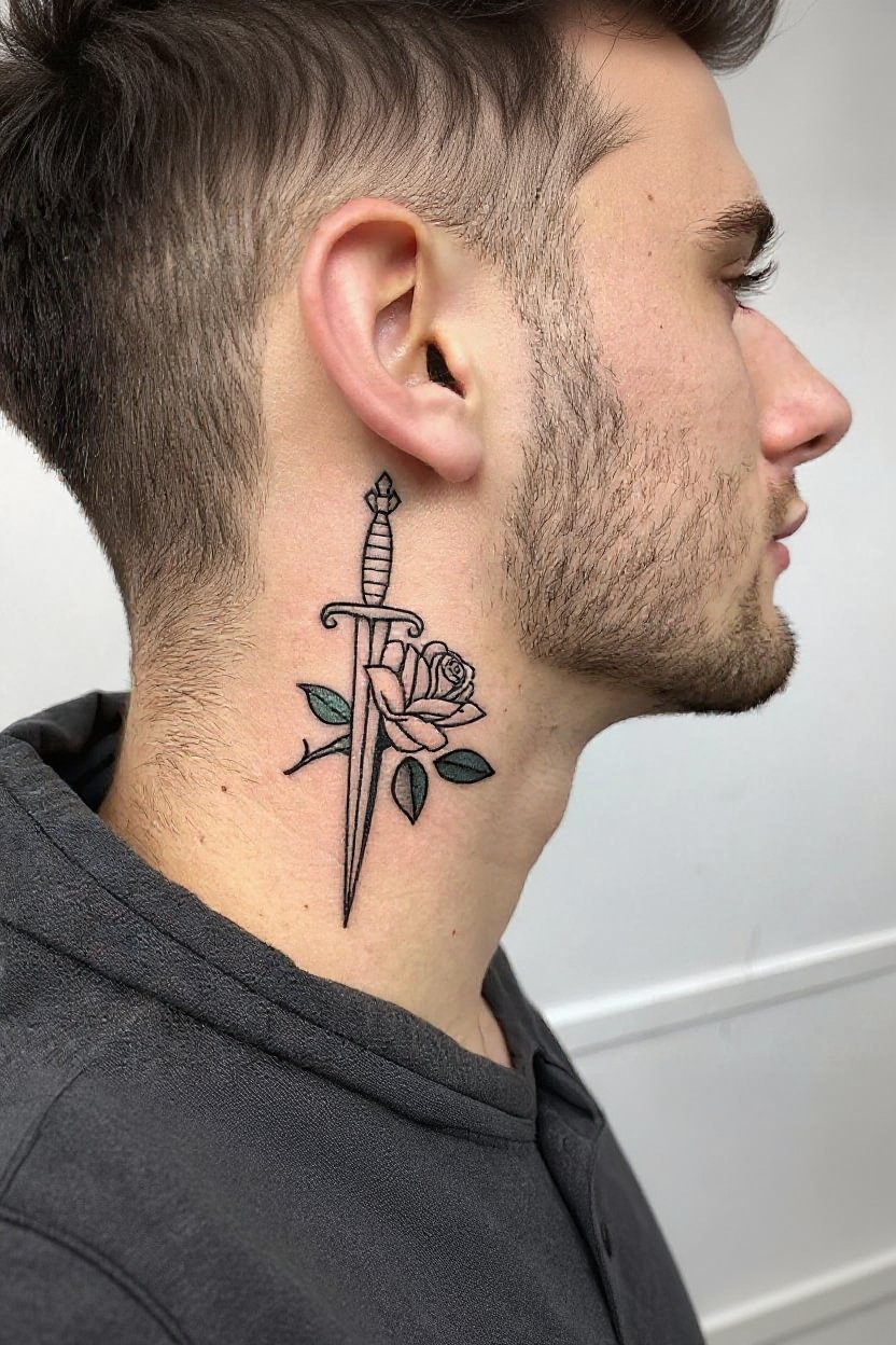 6. Side-Neck Dagger Piercing Rose - neck tattoos for men