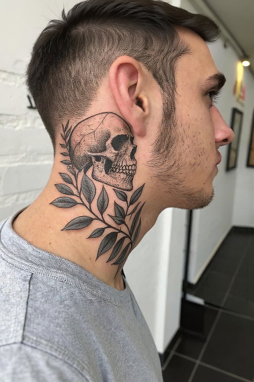 7. Anatomical Skull & Dark Foliage - neck tattoos for men