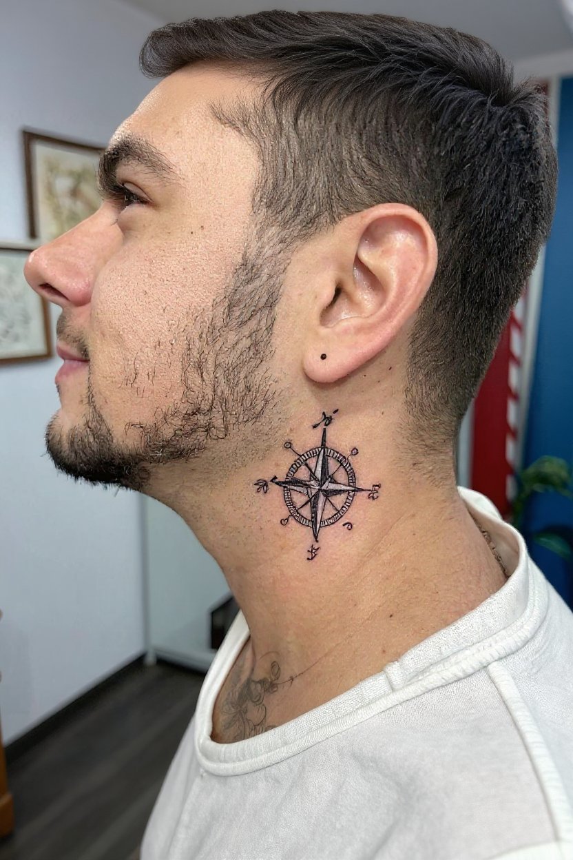 8. Nautical Compass & Coordinates - neck tattoos for men